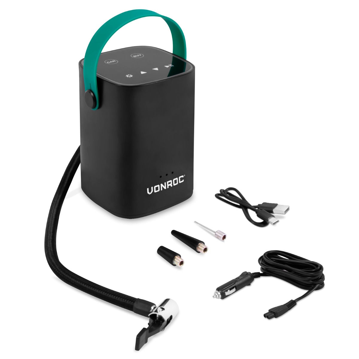 VONROC Compressore portatile mini 12V 10 bar / 145 PSI per auto, moto e  bici. Con batteria integrata da 2.0Ah. Display digitale / manometro