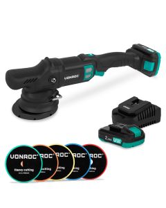 Dual action polisher 20V 125mm - With 2x2Ah battery, charger and 5 beveled edge pad