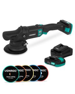 Dual action polisher 20V 150mm - With 2.0Ah battery, charger and 5 beveled edge pads