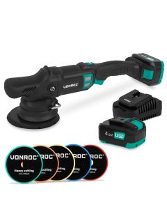 Dual action polisher 20V 150mm - With 2x4Ah battery, charger and 5 beveled edge pad