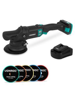 Dual action polisher 20V 150mm - With 2Ah battery, charger and 5 beveled edge pads