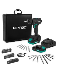 VONROC Cordless brushless drill 20V - with 46 acc in storage case